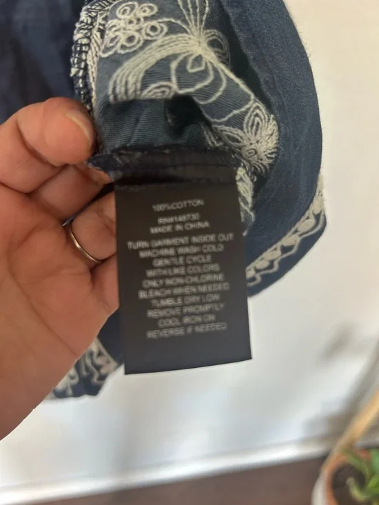 Denim Inspired Chambray Shift Dress White Floral Embroidered Tiered Bell Sleeves - Picture 5 of 8